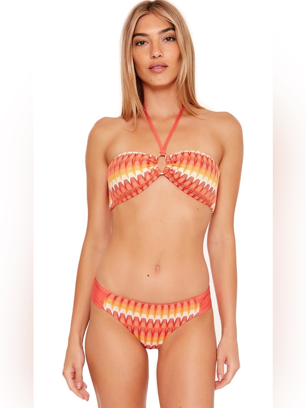 Trina Turk Coral and Cream Chevron Bandeau Bikini with Halter Strap